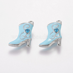 Alloy Enamel Pendants, Cadmium Free & Lead Free, with Rhinestones, Platinum Color, Boot, Sky Blue, about 16mm wide, 21mm long, hole: 1mm(X-E516-5)