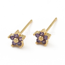 Cubic Zirconia Flower Stud Earrings, Real 18K Gold Plated Brass Jewelry for Women, Cadmium Free & Lead Free, Medium Purple, 15x5x5mm, Pin: 0.7mm(X-EJEW-C035-15G-03)