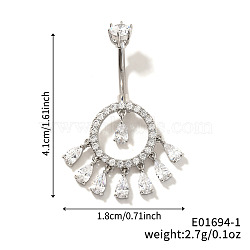 Brass Full Crystal Rhinestone Shiny Hollow Ring Tassel Curved Barbell Belly Button Rings, Platinum, 41x18mm(CT4144-1)