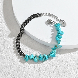 Synthetic Turquoise Chips Beaded Bracelet, with Black Stainless Steel Curb Chains, 6-1/4 inch(16cm)(PW-WG77007-11)