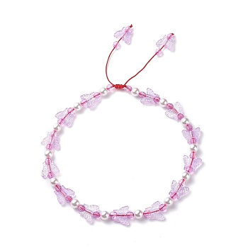 Acrylic Butterfly & Plastic Pearl Braided Beaded Necklace for Women, Plum, Inner Diameter: 4.57~5.65 inch(11.6~14.35cm) 