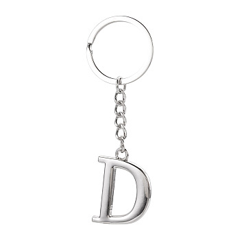 Alloy Keychains, with Split Key Ring, Platinum, Letter D, 90mm, Pendant: 35x26x3.8mm