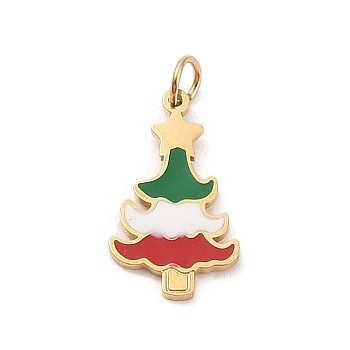 Christmas Theme 304 Stainless Steel Pendants, with Enamel and Jump Ring, Real 14K Gold Plated, Christmas Tree, 16.5x9.5x1mm, Hole: 3mm