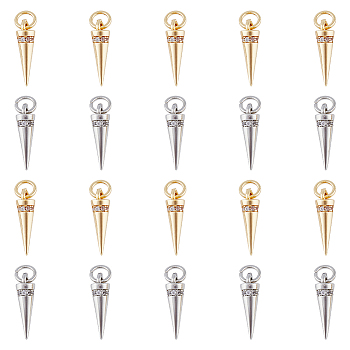 20Pcs 2 Colors Rack Plating Brass Micro Pave Cubic Zirconia Charms, Long-Lasting Plated, with Jump Ring, Cone/Spike Charm, Mixed Color, 15x4mm, Hole: 3.5mm, 10pcs/color