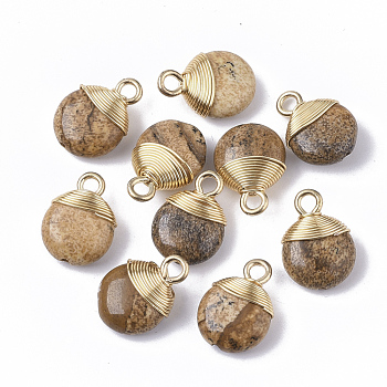 Natural Picture Jasper Pendants, with Golden Tone Brass Wires and Iron Loops, Half Drilled, Flat Round, 14~15x10~11x5~6mm, Hole: 1.5~2mm