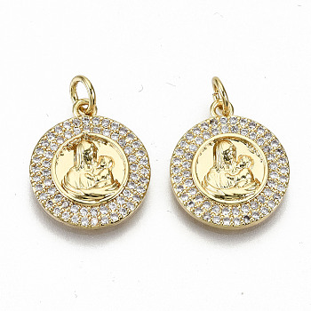 Brass Micro Pave Clear Cubic Zirconia Pendants, with Jump Rings, Nickel Free, Flat Round with Mom & Baby, Real 16K Gold Plated, 17.5x15x2mm, jump ring: 5x0.8mm, 3.4mm inner diameter