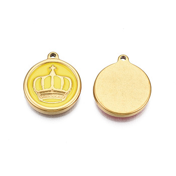 304 Stainless Steel Enamel Pendants, Real 18K Gold Plated, Flat Round with Crown, Yellow, 17.5x15x2.5mm, Hole: 1.4mm