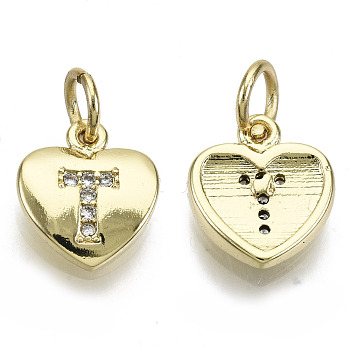 Brass Micro Pave Clear Cubic Zirconia Charms, with Jump Ring, Heart with Letter, Real 16K Gold Plated, Nickel Free, Letter.T, 10x9x2mm, Jump Ring: 5x1mm, 3mm inner diameter