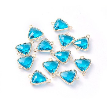 Glass Links connectors, with Eco-Friendly Alloy Open Back Berzel Findings, Faceted, Triangle, Light Gold, Deep Sky Blue, 16x12x4.5mm, Hole: 1.2mm