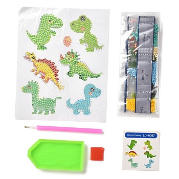 DIY Dinosaur Diamond Painting Stickers Kits For Kids, with Diamond Painting Stickers, Rhinestones, Diamond Sticky Pen, Tray Plate and Glue Clay, Mixed Color, 18.3x14.8x0.03cm