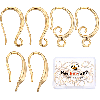 30Pcs 3 Styles Rack Plating Eco-friendly Brass Earring Hooks, Ear Wire, with Loops, Real 24K Gold Plated, 16~19x1.5~2.5mm, Hole: 1.5~2mm, Pin: 0.5~1mm, 10Pcs/style