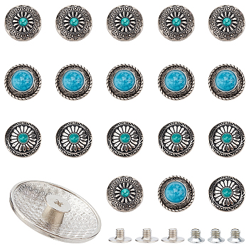 AHADERMAKER 18Sets 3 Style Alloy Buttons, with Imitation Synthetic Turquoise & Iron Screw, Flower, Antique Silver, 24.5~25x7~8mm, 6 sets/style