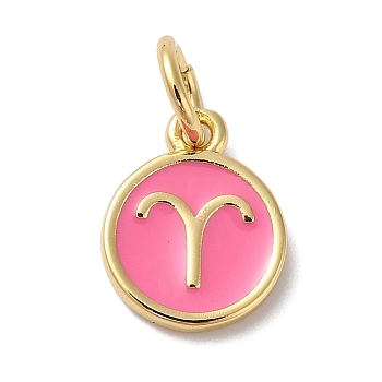 Real 18K Gold Plated Brass Enamel Charms, with Jump Ring, Long-Lasting Plated, Lead Free & Cadmium Free, Flat Round with Aries Charms, Pearl Pink, 10x8x1mm, Hole: 4mm