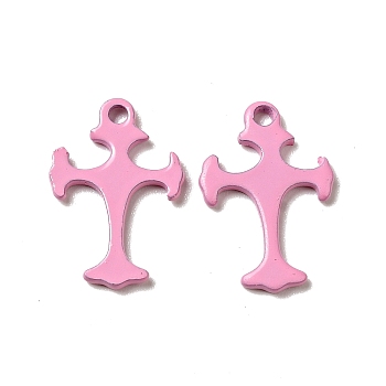 Spray Painted 201 Stainless Steel Charms, Cross Charms, Pearl Pink, 14x9.5x1mm, Hole: 1.2mm