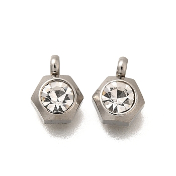 201 Stainless Steel Charms, with Crystal Rhinestone, Hexagon, 9x7x4mm, Hole: 2mm