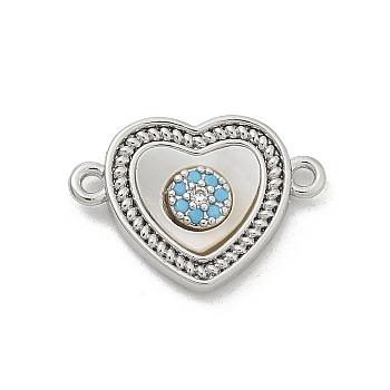 Brass Micro Pave Clear Cubic Zirconia Connector Charms, with Shell, Platinum, Heart, 11.5x16.5x2.5mm, Hole: 1.2mm