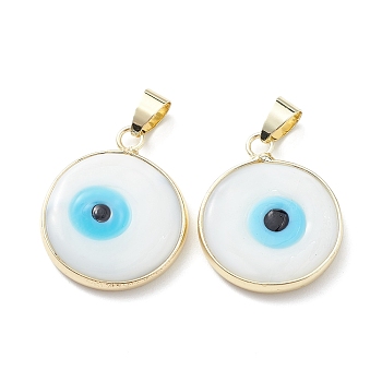 Handmade Evil Eye Lampwork Pendants, with Rack Plating Light Gold Tone Brass Findings, Long-Lasting Plated, Lead Free & Cadmium Free, Flat Round, White, 24~25.5x20.5~21x4~4.5mm, Hole: 6x4~4.5mm