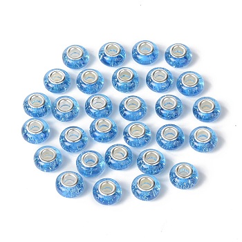 Rondelle Resin European Beads, Large Hole Beads, with Glitter Powder and Platinum Tone Brass Double Cores, Light Sky Blue, 13.5x8mm, Hole: 5mm