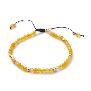 Adjustable Nylon Thread Braided Bead Bracelets, with Round Natural Agate Beads and Golden Plated Cube Brass Beads, Gold, Inner Diameter: 2-3/8~3-1/2 inch(5.9cm)