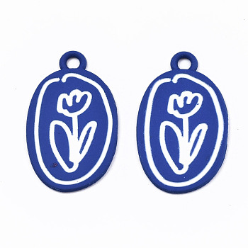 Spray Painted Alloy Pendants,  Cadmium Free & Lead Free, with White Enamel, Flower, Royal Blue, 25x15x1mm, Hole: 2mm