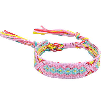 Polyester-cotton Braided Rhombus Pattern Cord Bracelet, Ethnic Tribal Adjustable Brazilian Bracelet for Women, Pearl Pink, 5-7/8~11 inch(15~28cm)
