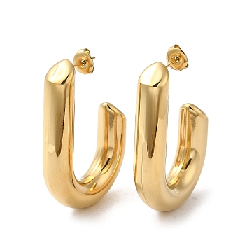 Ion Plating(IP) 304 Stainless Steel Stud Earrings, Oval Half Hoop Earrings, Real 14K Gold Plated, 30.5x8mm