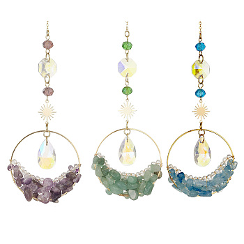 Gemstone Chips Ring Pendant Decoration, Hanging Suncatchers, with Brass Sun Link and Glass Teardrop Charm, for Home Decoration, 250mm, 3pcs/set