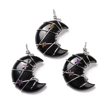 Natural Obsidian Pendants, with Platinum Tone Brass Wire Wrapped and Hematite Star Beads, Cadmium Free & Lead Free, Moon, 45.5~47x32.5~33.5x11~12mm, Hole: 5mm