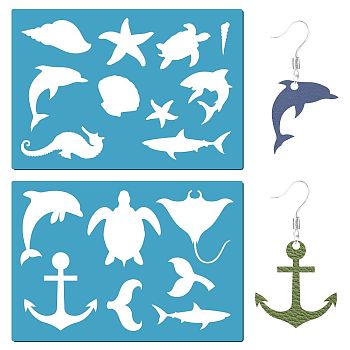 Acrylic Earring Handwork Template, Card Leather Cutting Stencils, Deep Sky Blue, Sea Animals, 130x90x2mm, 2pcs/set