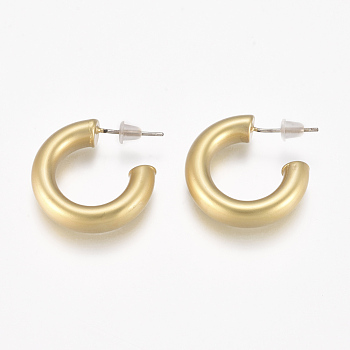 Brass Stud Earrings, Half Hoop Earrings, with Plastic Ear Nut, Long-Lasting Plated, Matte Style, Real 18K Gold Plated, 19~22x19~22x5mm, Pin: 1mm