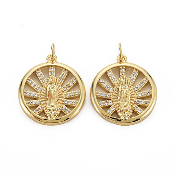 Brass Micro Pave Cubic Zirconia Pendants, with Jump Rings, Nickel Free, Flat Round with Virgin, Real 16K Gold Plated, 21.5x19.5x3.5mm, Jump Ring: 5x1mm, 3mm inner diameter