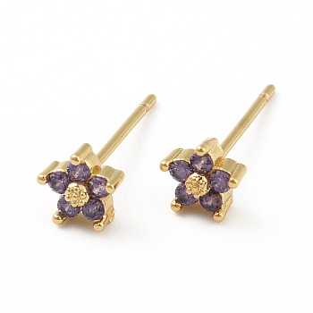 Cubic Zirconia Flower Stud Earrings, Real 18K Gold Plated Brass Jewelry for Women, Cadmium Free & Lead Free, Medium Purple, 15x5x5mm, Pin: 0.7mm