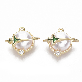 Brass Cubic Zirconia Universe Space Charms, Nickel Free, with Enamel and ABS Plastic Imitation Pearl, Planet and Plane, Real 18K Gold Plated, 13.5x14x7mm, Hole: 1mm