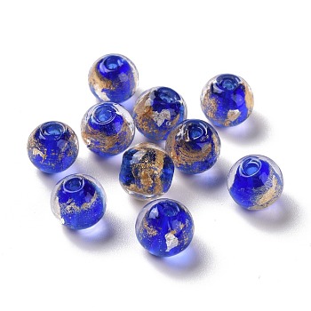 Handmade Gold Foil Lampwork Glass Beads, Round, Blue, 8mm, Hole: 1.4mm