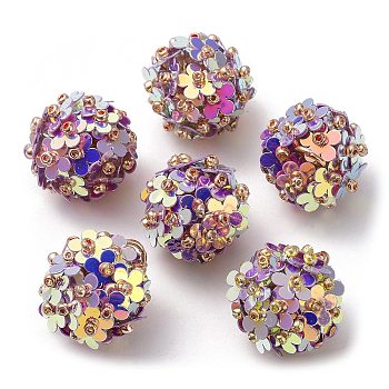 PVC Plastic Paillette with Glass Seed Beaded Pendants, with Iron Loops, Flower Charms, Medium Purple, 18x17mm, Hole: 4.3mm