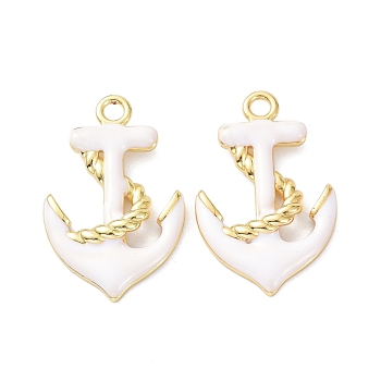 Eco-Friendly Brass Enamel Pendants, Long-Lasting Plated, Anchor, Real 18K Gold Plated, White, 25x16x3mm, Hole: 2mm
