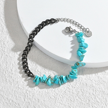 Synthetic Turquoise Chips Beaded Bracelet, with Black Stainless Steel Curb Chains, 6-1/4 inch(16cm)