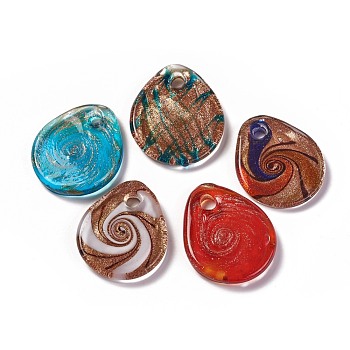 Handmade Gold Sand Lampwork Pendants, Teardrop, Mixed Color, About 32mm wide, 41mm long, hole: 5mm