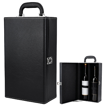 2-Slot Leather Wine Gift Packing Boxes with Handles, Rectangle, Black, 34.7x20x11.8cm