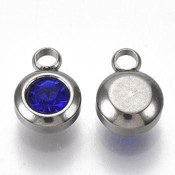 Rhinestone Charms, September Birthstone Charms, with 201 Stainless Steel, Flat Round, Stainless Steel Color, Sapphire, 9x6.5x4mm, Hole: 1.8mm