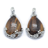 Natural Tiger Eye Pendants, with Alloy Findings, teardrop, Platinum, 40.5x28.5x10mm, Hole: 4.5x8mm(G-P393-B04)