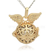 Golden Tone Brass Hollow Round Cage Pendants, with No Hole Spray Painted Brass Round Ball Beads, Round with Wing, Silver, 31x30x21mm, Hole: 3x8mm(KK-J233-05G)