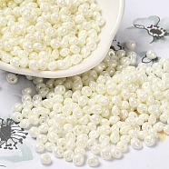 6/0 Glass Seed Beads, Opaque Colours Luster, Teardrop, Beige, 4.5~5x4x3~3.5mm, Hole: 0.9mm, about 5625Pcs/Pound(SEED-M012-01A-10)