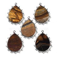 Natural Tiger Eye Pendants, Rack Plating Platinum Tone Brass Pave Clear Cubic Zirconia Teardrop Charms, 30.5x23.5x2mm, Hole: 1.4mm(G-D072-01P-09)