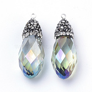 Electroplate Glass Pendants, with Rhinestone and Iron Findings, Faceted, Platinum, teardrop, Colorful, 32~33x12mm, Hole: 1mm(GLAA-S168-03A)