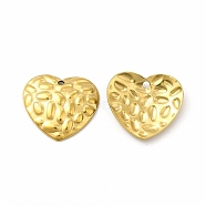 Ion Plating(IP) 304 Stainless Steel Pendants, Textured, Heart Charm, Real 18K Gold Plated, 14.5x16x2.5mm, Hole: 1.2mm(STAS-F290-21G)