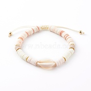 Adjustable Nylon Thread Braided Beads Bracelets, with Natural Cowrie Shell, Polymer Clay Heishi Beads and Brass Beads, Golden, White, Inner Diameter: 2-1/8~2-7/8 inch(5.5~7.4cm)(BJEW-JB06133)