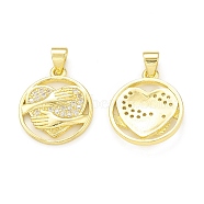 Rack Plating Brass Micro Pave Cubic Zirconia Pendants, Cadmium Free & Lead Free, Long-Lasting Plated, Flat Round with Heart & Hugging Hand Charm, Real 18K Gold Plated, 18.5x16x2.5mm, Hole: 4x3.5mm(KK-C011-35G)