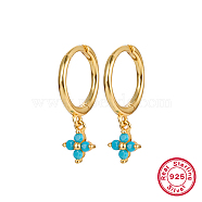Real 18K Gold Plated 925 Sterling Silver Flower Dangle Hoop Earrings, Pale Turquoise, 19x8.5mm(IN9619-07)