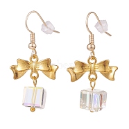 Alloy Bowknot with Clear Glass Cube Dangle Earrings, Brass Jewelry for Women, Golden, 41.5mm, Pin: 0.7mm(EJEW-JE04958)